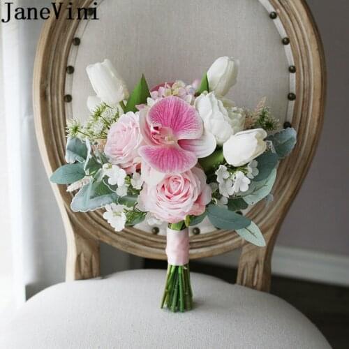 JaneVini Western Style Pink White Wedding bouquet artificiel kwiaty sztuczne Tulip Phalaenopsis Bridal Flower Bridesmaid Bouquet