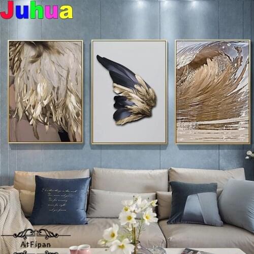 3d Triptych Diamond Painting Modern Golden Feather Full Round drill Mosaic cross stitch embroidery Can Be Customized Wall Art