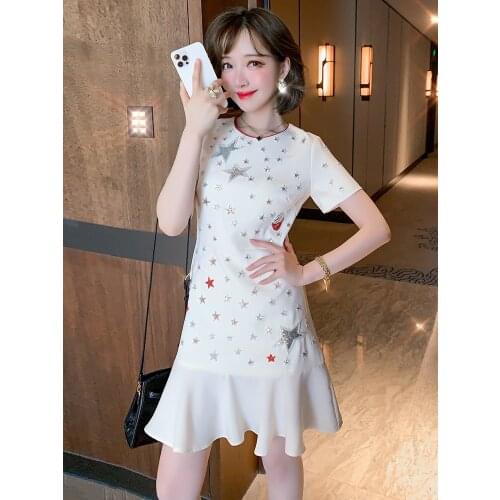 Top Quality Contrast round neck with Beaded sequins and lotus leaf hem dress for women