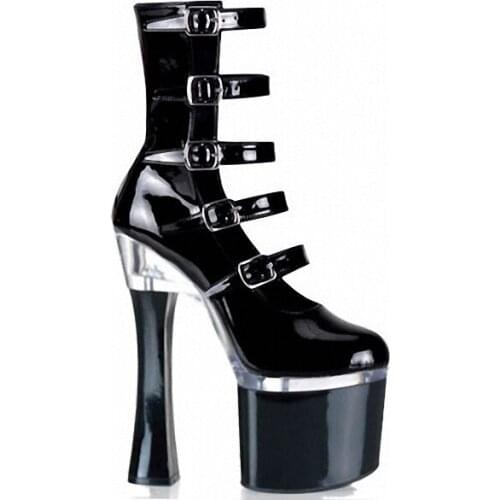 Vintage Faux Leather Women High Heels Shoes Fashion Buckle Strap Thick Platform Boots Sexy Hollow Out Night Club Dancing Shoes
