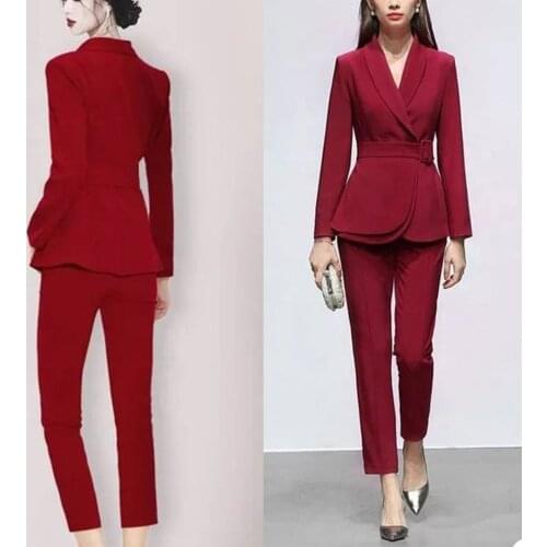 Elegant Fashion Suits Shawl Lapel Catwalk Show Blazer With Belt Party Coat Women Wedding Prom Evening Dinner Clothes 2 Pieces