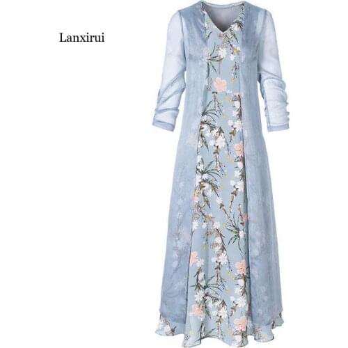 Spring Summer Dress Suits Women Sets Chiffon 2 Piece Elegant Jacket Floral Print Sleeveless Korean Long Dresses Office Lady