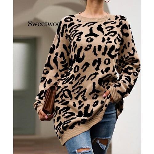 SWEETWOO 2020 Woman Leopard Knitted Sweater Winter Print Long Sleeve Female Pullovers Casual Sweater Loose Female Sweaters
