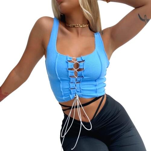 Women’s Fashion Rib Knit Solid Color Vest Sexy Square Collar Bandage Hollow Exposed Navel Sleeveless Tank Tops Summer Crop Tops