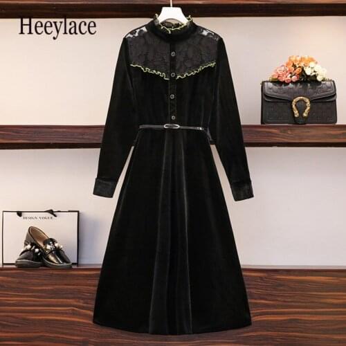 Plus size women lace patchwork black velvet dresses for women elegant long sleeve A-line dresses 2020 autumn vintage vestidos