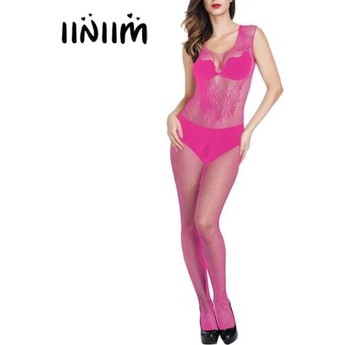 Womens Lingerie Sexy See-through Mesh Bodysuit Erotic Sexy Crotchless Bodystocking Round Neck Sleeveless Tights Nightwear