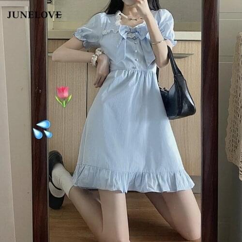 JuneLove Women Dress 2021 Summer Ladies French Sweet Temperament Puff Sleeve Bowknot Lace Blue Square Neck A-line Vestidos