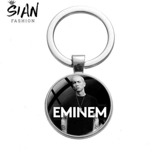 SIAN Hip-Hop Rap Star Keychain Eminem Popular American Singer Series Album Glass Print Silver Plated Car Bag Key Ring Fans Gifts
