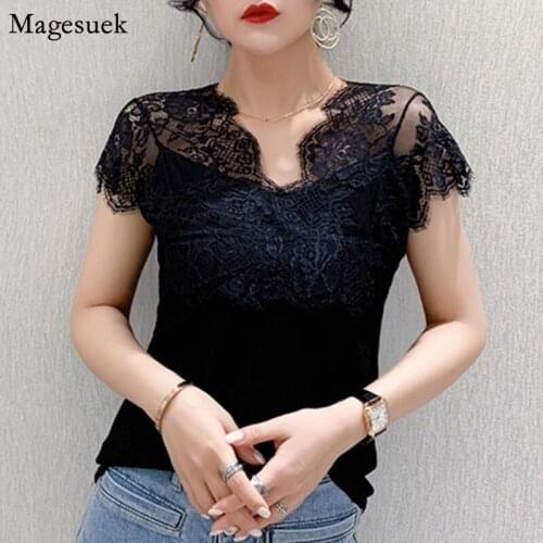 2021 Summer Crochet Lace Womens Blouse Sexy V-neck Short Sleeve Embroidery Shirts Hollow Out Slim Fashion Woman Blouses 9893
