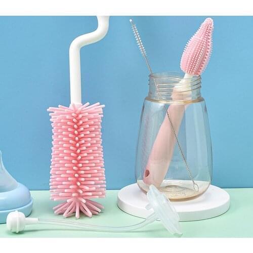 3pcs Multifunctional Baby Silicone Feeding Bottle Brush 360 Degree Rotating Baby Long-Handled Feeding Bottle Cleaning Brush Set