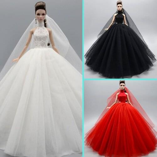 3pcs/lot High Neck Fashion Wedding Dress For Barbie Doll Outfits Princess Evening Party Gown Long Dresses Doll Clothes & Veil