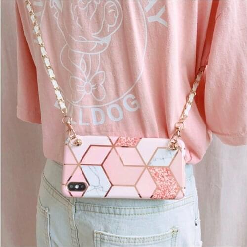 Glitter Pink Marble Crossbody Phone Case For Galaxy note10 S9 10 S20 plus ultra A5/71 5G A21S cover with long Chain strap A50/70