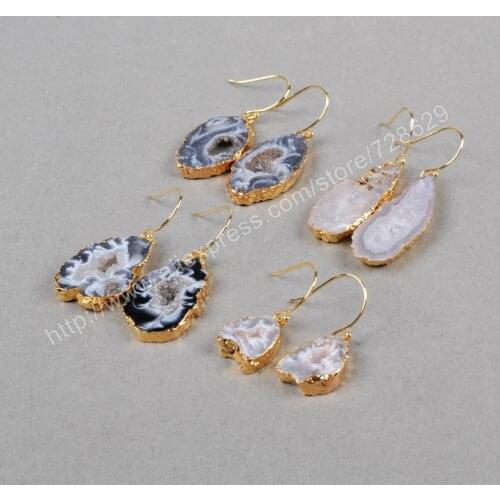 BOROSA 5Pair/lot New Fashion Gold Color Freeform Natural Crystal Druzy Slice Dangle Earrings for Women G0516