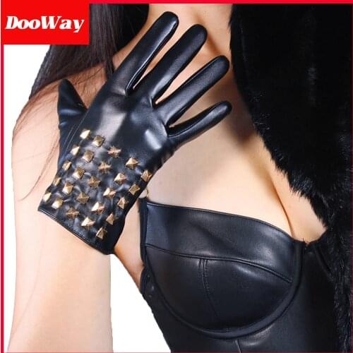 DooWay Black Punk PU Gloves TECHSCREEN Warm Metal Studs Wrist Length Cosplay Motorcycle Driving Full Finger Gloves
