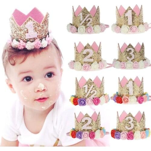 Baby Girl Crown Letter Shiny Sequins Flower Headwear Birthday Festival Headband