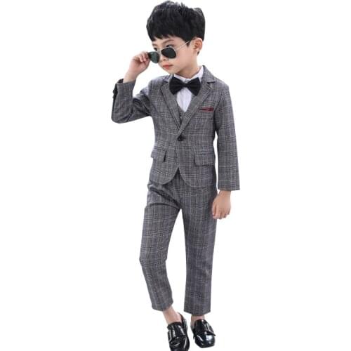 Formal Boy Plaid Gray Suit Set Childrens Wedding Party Performance Costume Kids Tuxedo Vest Shirts Pants Clothing Set