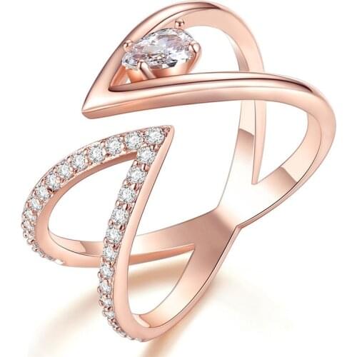 2020 New Rose Gold Color AAA+ Cubic Zircon CZ Cluster V Letter Open Size Finger Ring