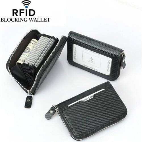 New Arrival RFID Blocking Card Wallet Carbon Fiber Business Clutch Card Holder for Men and Women Zipper Solid Casual Card Bag