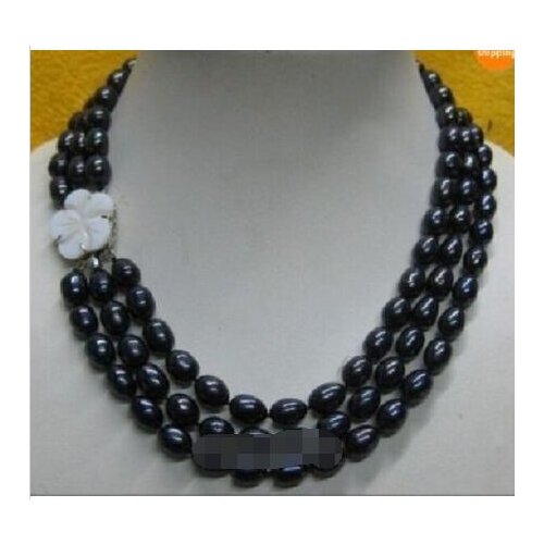 Beautiful 3 rows 10-12 mm south Black natural Pearl Necklace 17"-19"