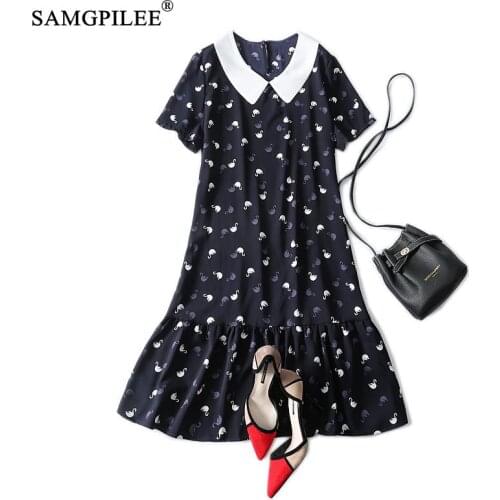 Summer Clothes For Women 2021 New Sweet Loose Romantic Swan Pattern Peter Pan Collar Korean Style Pleated Chiffon Dresses Woman