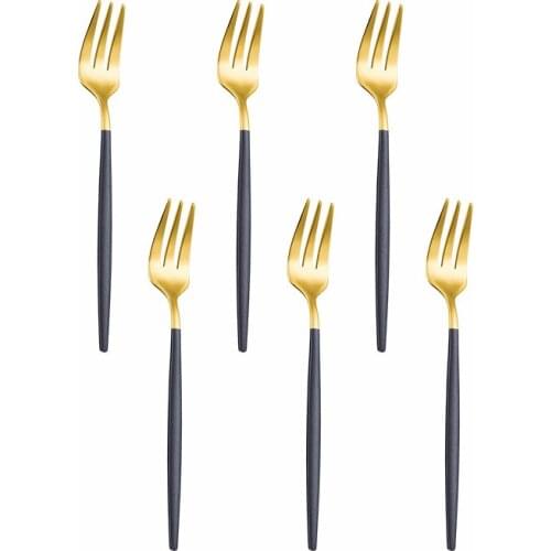 6 Pcs Black Gold Tea Cutlery Set Stainless Steel Dinner Forks Set Dessert Cake Forks Fruit Salad Forks Tableware Kitchen Party