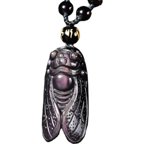 Natural rainbow obsidian cicada necklace Amulet pendant bead with chain for women or men