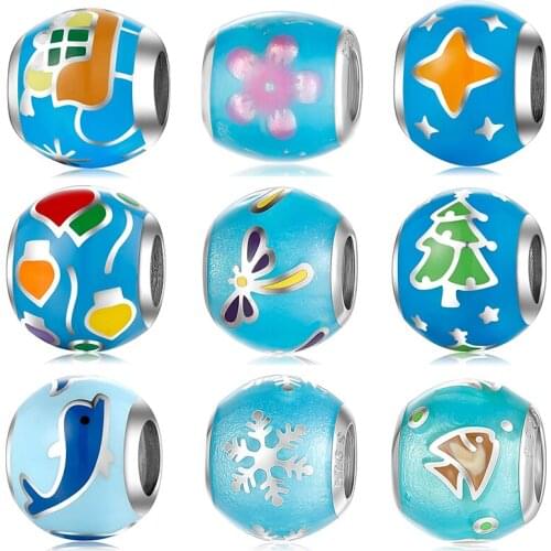 Sky blue enamel snowflakes Round Charm 925 Sterling Silver DIY Beads Accessories fit Original Mikiwuu Bracelets Jewelry Making