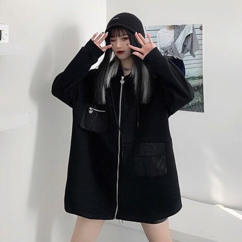 New Spring Autumn Harajuku Punk Gothic Girls Black Hoodies Loose Long Sleeve Zipper Pocket Stitching Sweatshirt