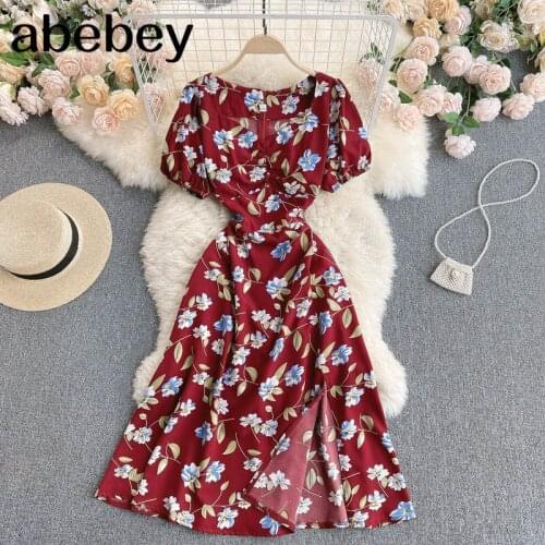 Women French Floral Dress Retro Puff Sleeve V Neck Belt A-line Dresses Summer Bohemian Casual Vacation Print Dress