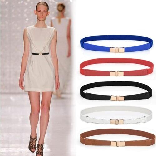 Womens Belt Leather Belt Fashion Elastic Dress Black red white Strap Thin Waist Belts Simulated Golden Buckle Waistband