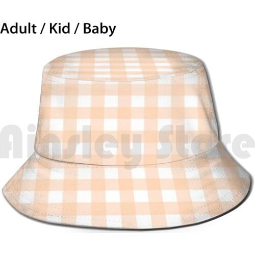 Peach Pink Gingham Pattern ( Large Wide Print ) Sun Hat Foldable UV Protection Cute Adorable Peach Pink Salmon Gingham