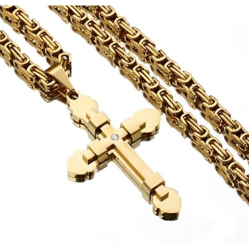 5mm High Quality Stainless Steel Gold Men High-end Gift Byzantine Chain Christian Jesus Cross Crucifix Pendant Necklace 18"-40"