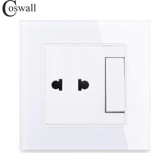 COSWALL 2 Hole Universal Wall Socket With 1 Gang 2 Way Pass Through On / Off Stair Light Switch Switched Crystal Glass Panel