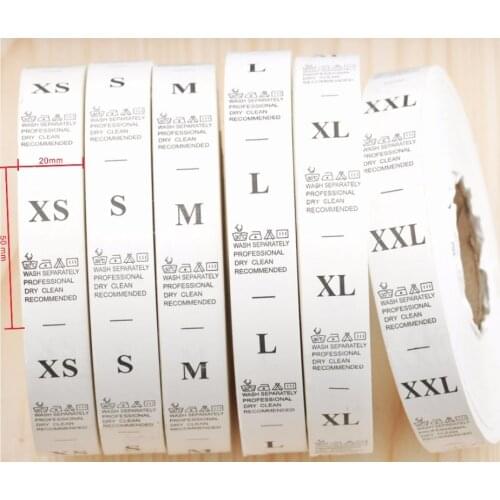 1000pcs/roll labels for clothes white XS-XXL garment wash care label clothing size tag washable labels nylon taffeta LB-023