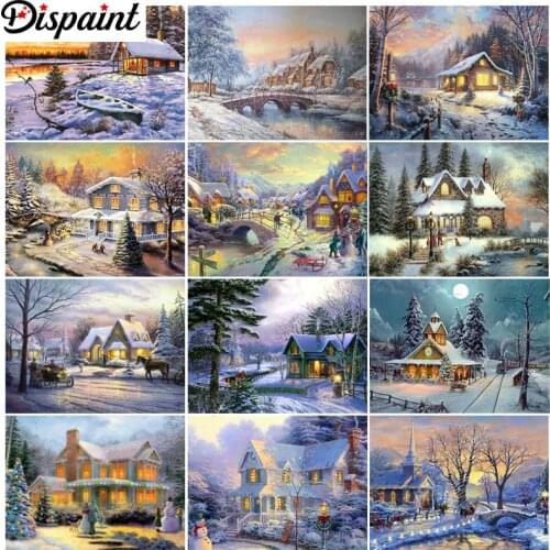 Dispaint Full Drill Diamond Painting "Snow house landscape” DIY Picture Of Rhinestone 5D Diamond Embroidery Cross Stitch Decor