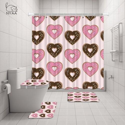 Girl Pink Donuts 3d Lovely Food Shower Curtain And Mat Set, Colorful Cupcakes Waterproof Fabric Bathroom Curtain