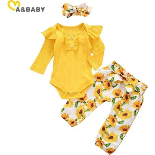 Ma&Baby 0-18M Autumn Newborn Infant Baby Girl Flower Clothes Set Knitted Ruffles Romper Bow Pants Outfits