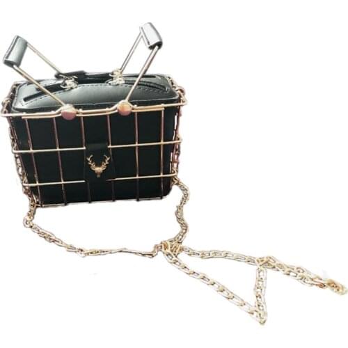 Fashion Designer Women Handbags New High-Quality PU Leather Women Bag Iron Basket Square Bag Chain Shoulder Messenger Bag(Black)