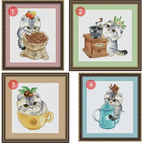 Restaurant Decoration Embroidery Fishxx Precision Printing Cross Stitch Kit A3262 Coffee Cat Four