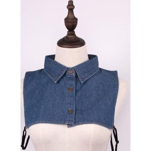Women Men Autumn Washed Denim Cotton False Fake Collar Button Down Detachable Lapel Half Shirt Blouse Sweater Decorative Dickey