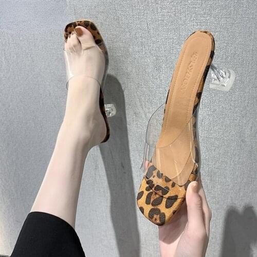 2021 New Women Sandals PVC Jelly Crystal Heel Transparent Women Sexy Leopard Clear High Heels Sandals Pumps Shoes Size 34-42