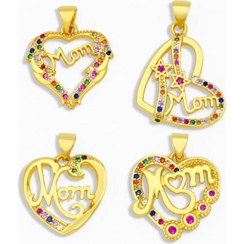 OCESRIO Rainbow CZ Mom Mama Necklace Charms for Jewelry Making Wholesale Small Gold Heart Pendant Charms pdta223