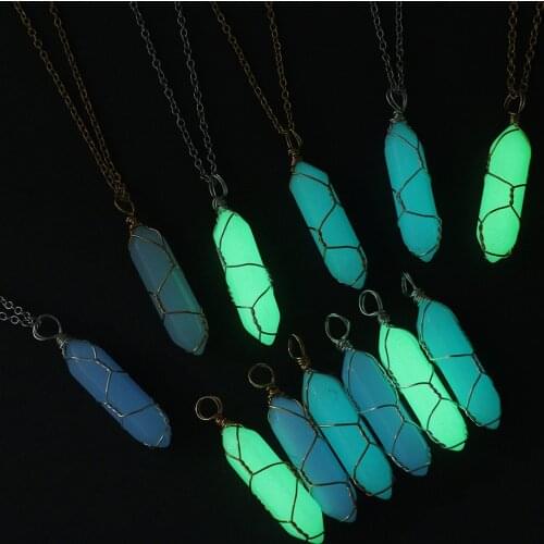 Hexagonal Cylindrical Crystal Necklace Glow In The Dark Luminous Wire Wrap Stone Pendant Necklace Jewelry Gift for Women Men