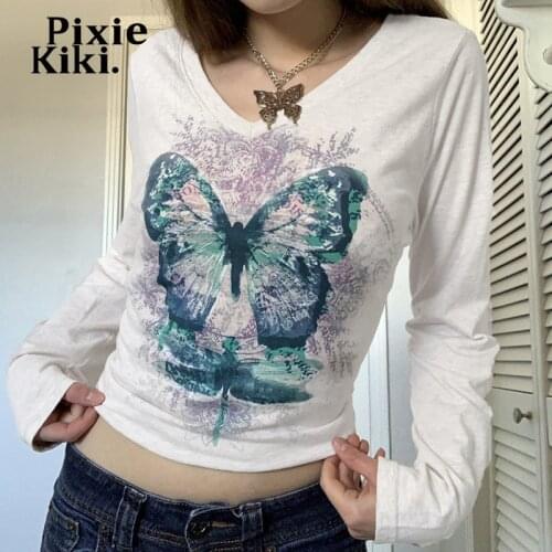 PixieKiki Butterfly Print Fairy Grunge Graphic T Shirts Vintage Indie Aesthetic Clothes Cyber Y2k Loose Long Sleeve Top P84-BC15
