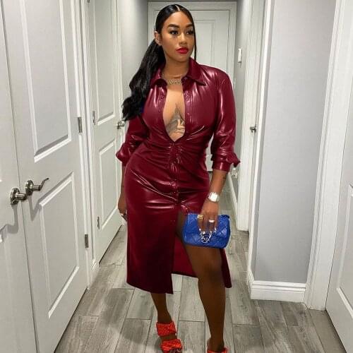 PU Faux Leather Shirt Dress Women Turn-down Collar Button Midi Party Dress Night Club Wear Birthday Sexy Bodycon Dress Vestidos