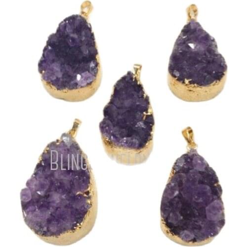 Teardrop Raw Druzy Amethysts Cluster Pendant with Gold PM12280