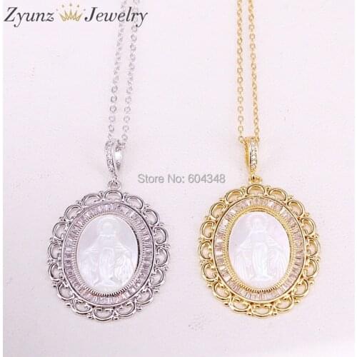 5PCS ZYZ323-8721 Mother of Pearl Virgin Mary Shell Pendant, Virgin Mary Charm, Crystal Zirconia Virgin Mary Jewelry Necklace