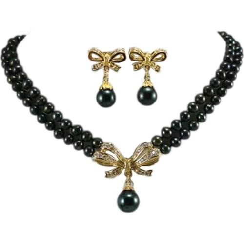 Hand Knotted 2 Row White Pink Black Round Freshwater Pearl Bowknot Zircon Necklace Earrings Set Tiger Eye Green Stone 6-7mm Bead