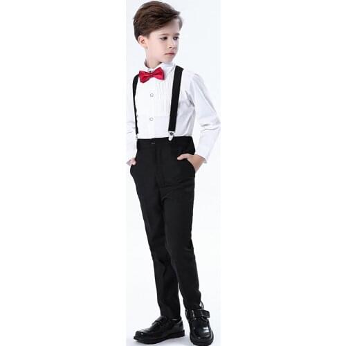 Wedding Suit kids Boys Formal Prince School student Dress Gentleman Kids Strap +Shirt +Pants +Bowtie 4Pcs ceremony Costume