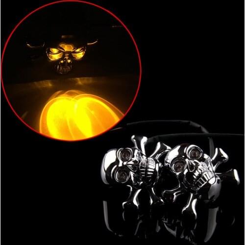 Motorcycle Turn Signal Light LED Indicator Silver 2X Chrome 2pcs Skull Head Shape Turning Warning Light Flasher Lamp